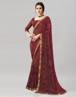 Divastri Printed, Embellished Bandhani Chiffon Saree(Maroon, Gold)