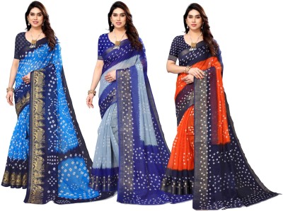 Hema Silk Mills Printed Bandhani Cotton Blend Saree(Pack of 3, Blue, Grey, Orange)