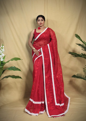 KUTTUS CREATIONS Self Design Jamdani Cotton Blend Saree(Red)