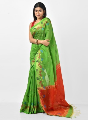 crochetin Woven Handloom Handloom Cotton Silk Saree(Red, Light Green)