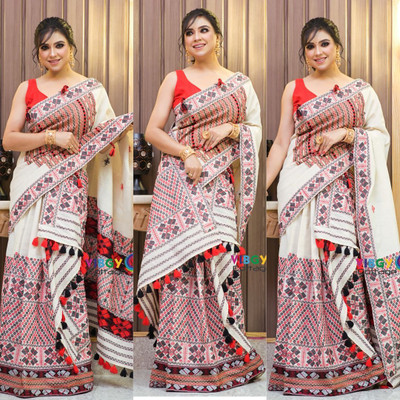 Canizzaro Woven Mekhela Chador Cotton Blend Saree(White)