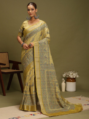Tasrika Digital Print Hand Batik Satin, Silk Blend Saree(Light Green)