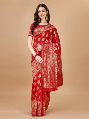 VIBHAGYAA Woven, Self Design Kanjivaram Pure Silk, Jacquard Saree(Red)