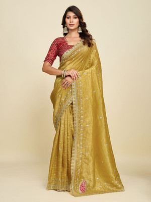 Ethina Fashion Embroidered Bollywood Crepe Saree(Yellow)