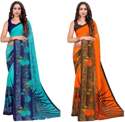 mahalaxmi fab Floral Print Bollywood Georgette Saree(Blue, Orange)