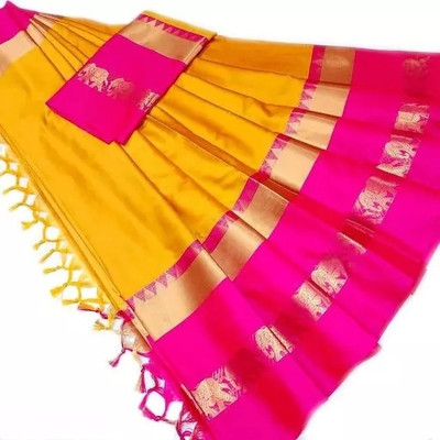 Mortal Textile Woven Handloom Cotton Silk Saree(Gold)