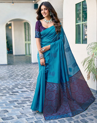Samah Woven, Embellished Banarasi Silk Blend, Jacquard Saree(Blue, Purple)