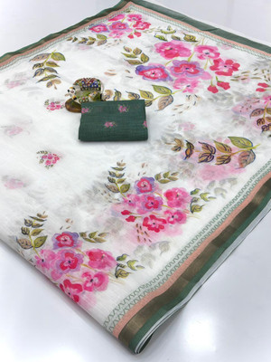 2SD gratitude Floral Print, Printed Daily Wear Cotton Linen, Linen Saree(White, Green)