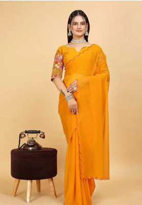 shivika creation Solid/Plain Bollywood Georgette Saree(Yellow)
