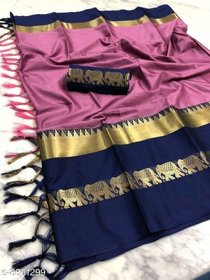 creazy fashion Solid/Plain Banarasi Cotton Silk Saree(Multicolor)
