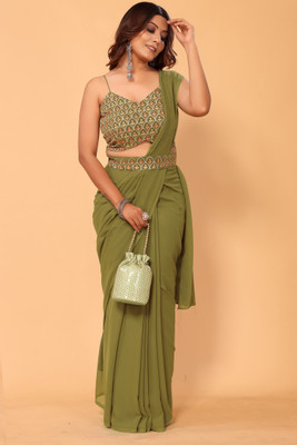 PATLANI STYLE Solid/Plain Bollywood Georgette Saree(Green)