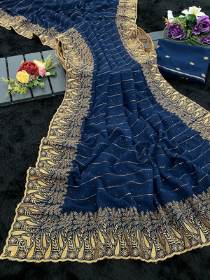 Vrati Creation Self Design Bollywood Cotton Blend Saree(Blue)