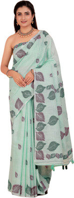 NEGRONI Printed Daily Wear Linen Saree(Light Green)