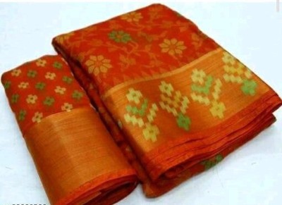 AMYRA COTTON SAREES Printed Bhagalpuri Cotton Blend, Brasso Saree(Orange)