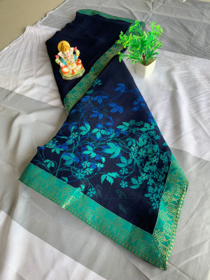 BLEESBURY Printed, Self Design, Geometric Print, Graphic Print, Floral Print, Polka Print, Solid/Plain Bollywood Georgette, Chiffon Saree(Blue)