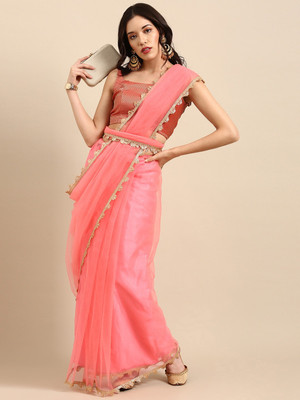 Sangria Solid/Plain Daily Wear Net Saree(Pink)