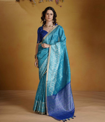 erika Woven, Striped Handloom Cotton Silk Saree(Light Blue, Blue)