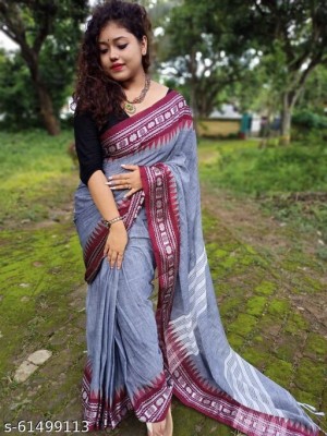 sdn Woven Handloom Handloom Cotton Blend Saree(Grey, Red)