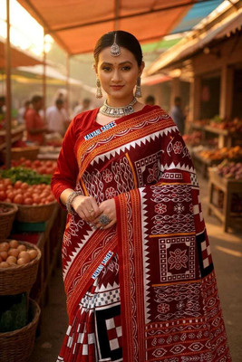 Tareninx Printed Sambalpuri Pure Cotton Saree(Multicolor)