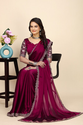 SAADHYA CREATION Embroidered, Solid/Plain Bollywood Chiffon Saree(Maroon)