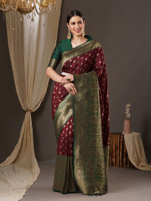 Sareemall Woven Banarasi Silk Blend Saree(Brown)
