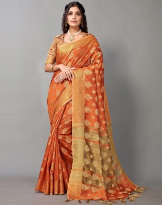 Samah Woven, Embellished, Self Design Kanjivaram Cotton Silk, Silk Blend Saree(Gold, Orange)