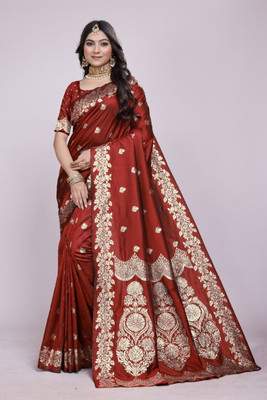 Anjali textile Geometric Print, Self Design, Printed Banarasi Jacquard Saree(Maroon)