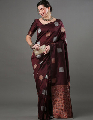 ESOMIC Printed Banarasi Pure Silk Saree(Brown)