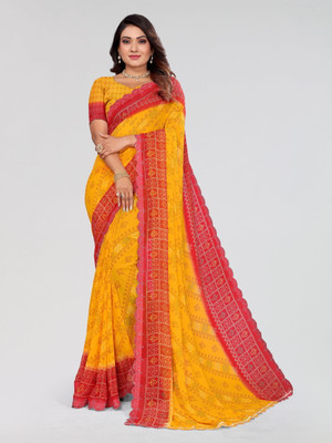 Madhur milan Printed, Geometric Print Bandhani Georgette Saree(Yellow)