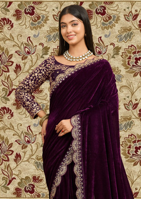 hutah Self Design, Embroidered Banarasi Velvet, Cotton Blend Saree(Purple)