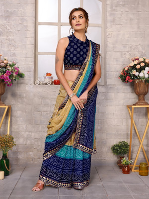 YASHIKA Printed Bollywood Georgette, Lace Saree(Blue)