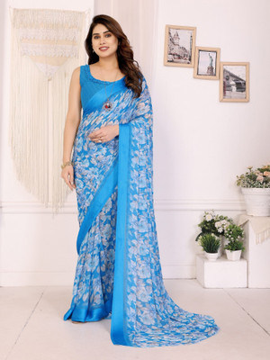 HouseOfCommon Digital Print, Floral Print Daily Wear Georgette, Satin Saree(Blue)