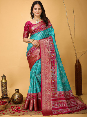 Anouk Rustic Printed Patola Silk Blend Saree(Blue)