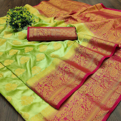 Divastri Woven Banarasi Jacquard, Cotton Silk Saree(Light Green, Red)