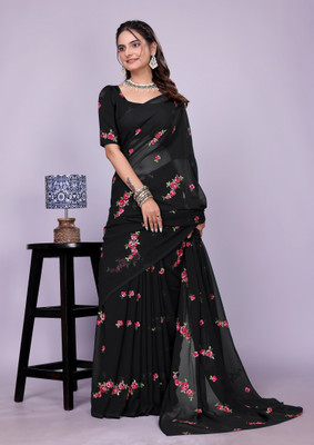 A To Z Cart Embroidered Bollywood Georgette Saree(Black)