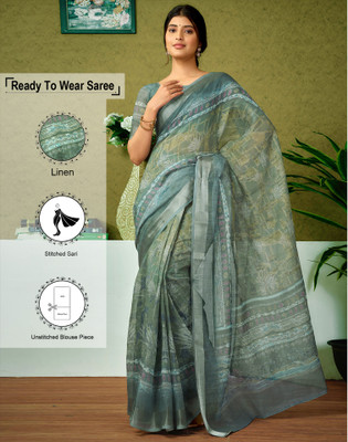 Satrani Digital Print, Floral Print, Embellished Bollywood Linen Saree(Green)