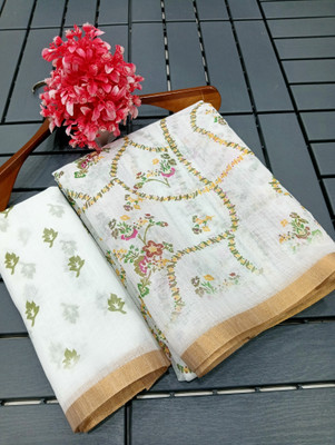 AARAANA Floral Print Kanjivaram Linen, Cotton Linen Saree(White)