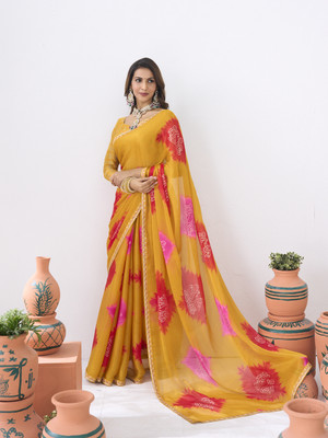Laxmipati sarees Printed Saree with Attached Blouse Silk Blend Saree(Mustard)