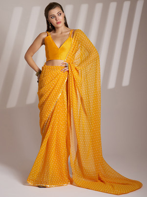 Divastri Embellished, Solid/Plain, Dyed Bandhani Georgette Saree(Yellow)