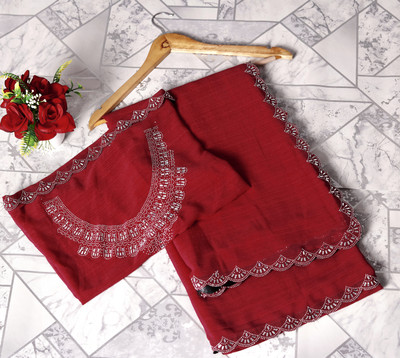 Dharam Creation Solid/Plain, Dyed, Embellished, Self Design Bollywood Georgette Saree(Red)