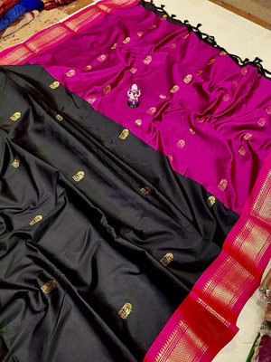 ns collection Solid/Plain Kanjivaram Cotton Silk Saree(Black)