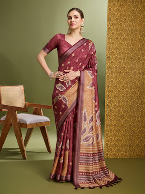 MANTROTSAV Digital Print Hand Batik Silk Blend Saree(Maroon)