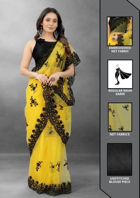 Barkiya Creation Embroidered Bollywood Net Saree(Yellow)