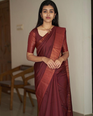 ESOMIC Woven Kanjivaram Pure Silk, Art Silk Saree(Maroon)