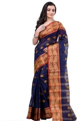 Sthaker Woven Tant Cotton Blend Saree(Blue, Grey)