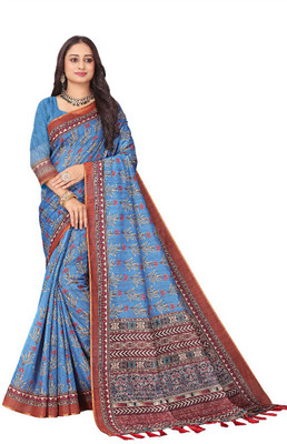 Jay Khodiyar Printed, Geometric Print, Digital Print Daily Wear Chanderi Saree(Light Blue)