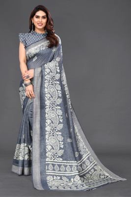 SARETRA MALL Printed Bollywood Cotton Blend Saree(Grey)