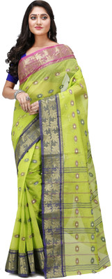 NihaRika Collections Self Design Tant Pure Cotton Saree(Light Green)
