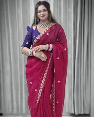 ShopGlobal Embroidered Handloom Jute Silk, Chiffon Saree(Pink)