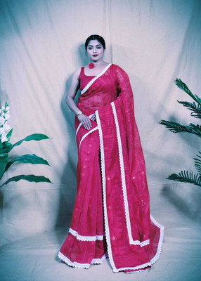 Hiya saree And Punjabi house Printed Jamdani Cotton Blend Saree(Red)